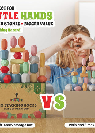 36 Pcs Wooden Stacking Blocks – Montessori Toys for 1 2 3 4 5 6 Year Old Toddlers and Kids, XL Rocks, No Choking Hazard – Sensory STEM Building Stones, for Girls and Boys