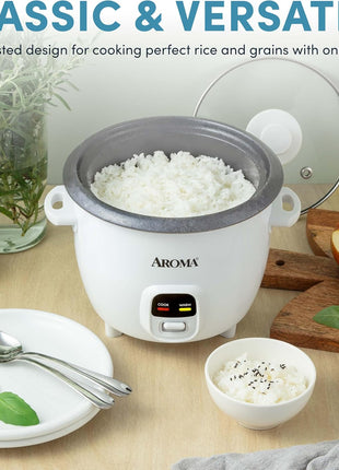 AROMA Rice Cooker, 3-Cup (Uncooked) / 6-Cup (Cooked), Small Rice Cooker, Oatmeal Cooker, Soup Maker, Auto Keep Warm, 1.5 Qt, White, ARC-393NG