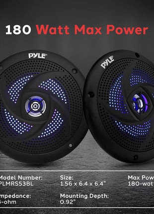 Pyle Marine Speakers -5.25 Inch 2 Way Waterproof and Weather Resistant Outdoor Audio Stereo Sound System with LED Lights,180 Watt Power and Low Profile Slim Style -1 Pair -PLMRS53BL (Black)