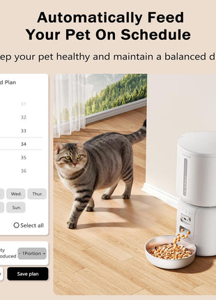 Automatic Cat Feeder with Camera, 4L Automatic Pet Feeder, Dual Power Supply, Smart Cat Food Dispenser with 2MP Night Vision & Two-Way Audio for Cats and Small Dogs, White