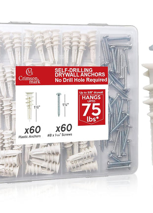 120Pcs #8 Self Drilling Drywall Anchors and Screws Kit | #8 x 1-1/4" Superb Wall Anchors Hold Up to 75lbs, No Drill Hole Required for Drywall Screws & Anchors Installation