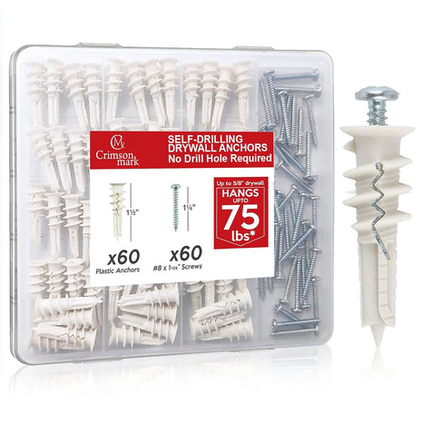 120Pcs #8 Self Drilling Drywall Anchors and Screws Kit | #8 x 1-1/4" Superb Wall Anchors Hold Up to 75lbs, No Drill Hole Required for Drywall Screws & Anchors Installation
