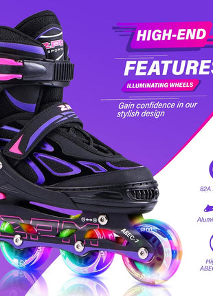 2PM Sports Vinal Girls Adjustable Flashing Inline Skates, All Wheels Light Up, Fun Illuminating Skates for Kids Men Adult Women and Boys