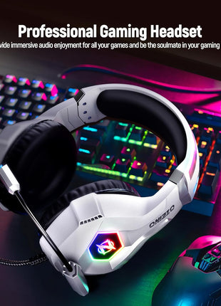 Ozeino Gaming Headset for PC, Ps4, Ps5, Xbox Headset with 7.1 Surround Sound Gaming Headphones with Noise Canceling Mic, LED Light Over Ear Headphones for Switch, Xbox Series X/S, Laptop, Mobile White