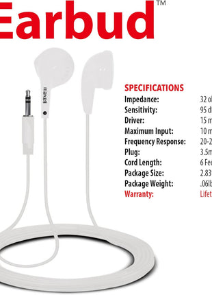 Maxell 190599 Dynamic Sound Wired Lightweight Extended Use Design Stereo Ear Bud - White (Value) | Dynamic sound stereo earbud for extended wear - lightweight value design, 3.5mm jack, made in China