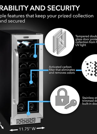 Whynter BWR-208SB Stainless Steel 12 inch Built-in 20 Bottle Undercounter Wine Refrigerator with Reversible Door, Digital Control and Lock