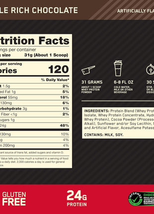 Optimum Nutrition Gold Standard Whey Protein, Double Rich Chocolate, 2 LB | 24g of 100% Whey Protein Powder Per Serving, with BCAAs, Gluten Free, Banned Substance Tested, Easy Mixing, Muscle Support