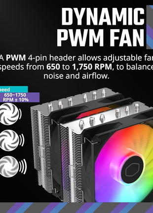 Cooler Master Hyper 620S Dual Tower ARGB CPU Air Cooler, 120mm PWM Fan, 6 Heat Pipes, Silver Nickel-Plated Copper, 154.9mm Tall, AMD Ryzen AM5|AM4, Intel LGA 1851|1700|1200 Brackets