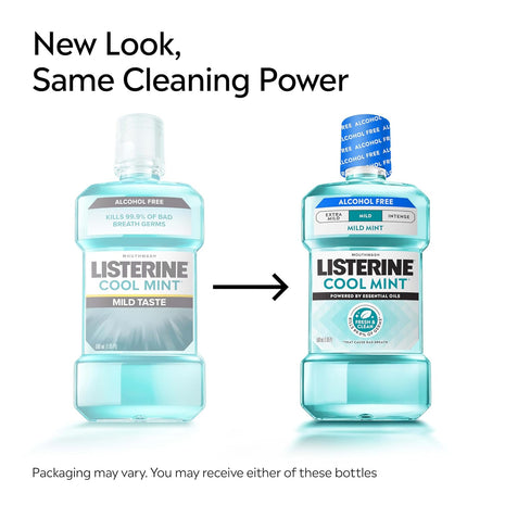 Listerine Cool Mint Alcohol Free Mouthwash, Mild Mint, 33.8 fl. oz/1 L | Kills 99.9% of Germs That Cause Bad Breath, Less Intense Taste with No Burn, Dentist Recommended Oral Rinse