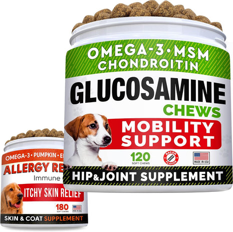 Glucosamine Treats + Allergy Relief Dog Bundle - Joint Supplement w/Omega-3 Fish Oil + Itchy Skin Relief - Chondroitin, MSM + Pumpkin + Enzymes + Turmeric - Skin & Coat - 120+180 Chews - Made in USA