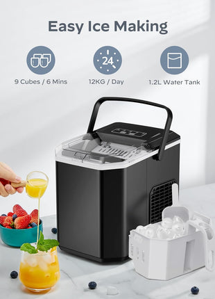 Silonn Ice Maker Countertop, Portable Ice Machine with Carry Handle, Self-Cleaning Ice Makers with Basket and Scoop, 9 Cubes in 6 Mins, 26 lbs per Day, Ideal for Home, Kitchen, Camping, RV
