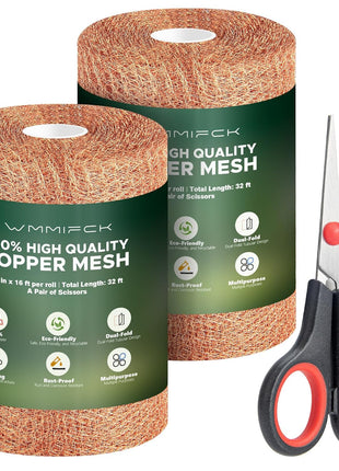 3rd Gen Copper Mesh Rodent Control Kit, 100% Pure Copper Wool for Slugs Snail Pest Bird Mice Rat Control, 2 Rolls Mesh Roll Wrap Wire with Scissors
