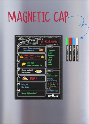 CHALKY CROWN Magnetic Dry Erase Menu Board for Fridge Includes 4 Liquid Chalk Markers - Weekly Meal Planner Blackboard, Grocery List & Notepad for Kitchen Refrigerator - Chalkboard Magnet