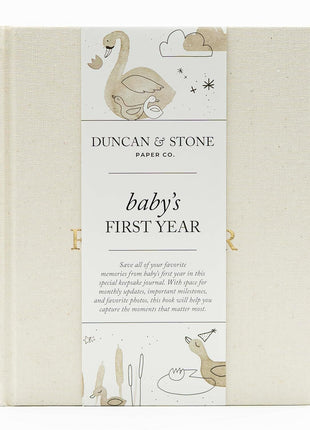 Duncan & Stone Baby Book First Year Memory Keepsake, Linen, Cream | Record milestones, photos & ultrasounds in a 112-page linen baby book; a boy or girl new mom keepsake gift