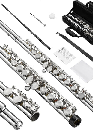 POGOLAB Flutes, Closed Hole C 16 Keys Flute Instrument, Student Flute for Beginner Advanced Player, with Cleaning Kit, Carry Bag, Strap, Probe Rod, Gloves (Nickel)