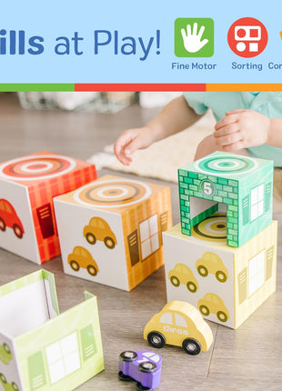 Melissa & Doug Nesting and Sorting Garages and Cars with 7 Graduated Garages and 7 Stackable Wooden Cars - FSC Certified