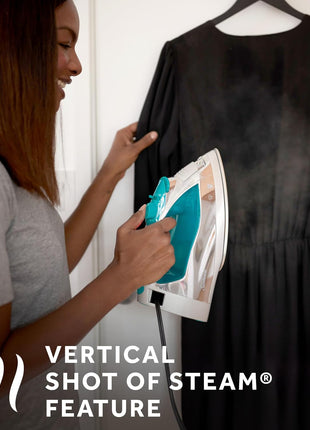 Sunbeam Turbo Steam Iron, 1400 Watt, Nonstick Ceramic Soleplate, Horizontal or Vertical Shot of Steam, Quick Heating, 3 Way Auto Off, White and Chrome (Chrome/Teal)