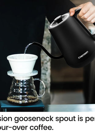 Chefman Gooseneck Electric Kettle, 0.8L Pour Over Tea Kettle for Coffee and Tea, One-Touch Operation, Boil-Dry Protection, Auto Shut-Off, Ultra-Fast Hot Water Boiler – Black