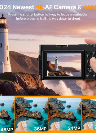 4K Digital Camera for Photography Auto-Focus Vlogging Camera for YouTube Video with 3'' 180° Flip Screen 16X Anti-Shake 4K Camera Compact Cameras with SD Card, Flash, 2 Batteries
