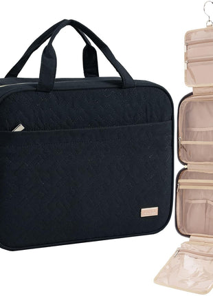 NISHEL Travel Toiletry Bag for women, Portable Hanging Organizer for Full-Sized Shampoo, Conditioner, Brushes Set, Makeup Accessories, Large Size, Black