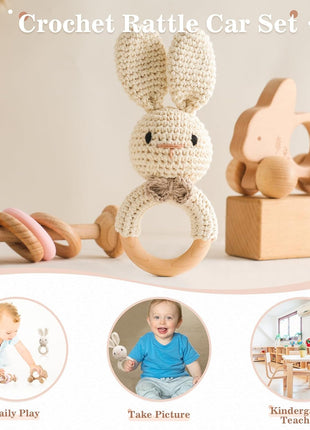 let's make Wooden Baby Rattle 3 PCS Push Car Rattle Set Crochet Rattle Ring Wooden Montessori Toy for Newborn Infant Baby Gifts (Rabbit Rattle)