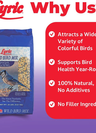 Lyric Wild Bird Mix - Includes Corn, Nuts, and Wild Bird Seed for Outside Feeders, Attracts Doves, Jays and Many More, 40 lb Bag