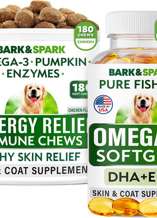 Allergy Relief + Omega 3 Bundle - Anti-Itch Skin + Skin & Coat Support - Omega 3 Fish Oil + EPA & DHA Fatty Acids - Itching & Paw Licking + Joint Health - 180 Chews + 180 ct Softgels - Made in USA