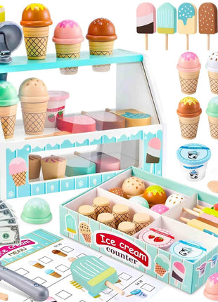WHOHOLL Wooden Ice Cream Counter Playset for Toddler Girl Toys, Play Store Pretend Toy Food Play Kitchen Accessories with Fake Money & Coin, Christmas Birthday Gifts for 3+ Year Old Kids (Green)