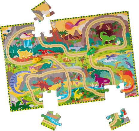 Melissa & Doug Dinosaur Adventure Tracks Cardboard Jigsaw Floor Puzzle and 2 Wind-Up Dinos – 48 Pieces, for Boys and Girls 3+