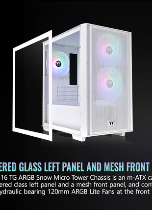 Thermaltake Versa H16 TG ARGB Snow Micro ATX Tower Case; Tempered Glass Side Panel; 3 Pre-Installed ARGB Fans; CA-1Y8-00S6WN-01; 3 Year Warranty