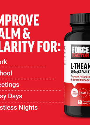 Force Factor L Theanine, Extra Strength L-TheanineSupplement for Stress Relief, and Supporting Calm and Relaxation, LTheanine 200mg Capsules, Vegan, Non-GMO, No Gelatin, 60 Count (Pack of 2)