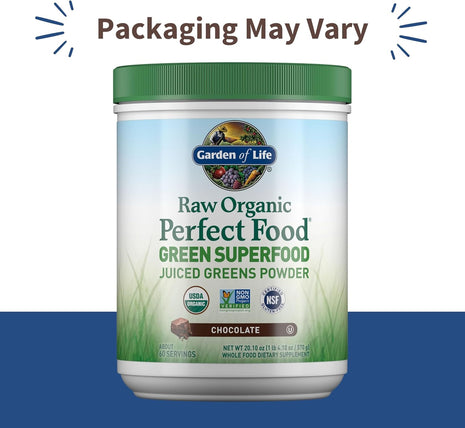 Garden of Life Raw Organic Perfect Food Chocolate Powder, 60 Servings | Juiced Cereal Grasses, Plant Based Green Supplements for Immune Support and Digestive Support, Green Superfood