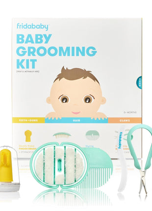 Frida Baby Grooming Kit | Baby Essentials Gift Set Includes Finger Brush with Storage Stand, Hair Brush with Case, Styling Hair Comb, Easy Grip Nail Scissors with Nail File and Case