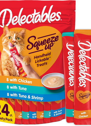 Delectables Squeeze Up Variety Pack, Creamy Squeezable Puree, Lickable Wet Cat Treats, Grain Free, No Added Fillers, No By-Products, No Added Preservatives, 0.5 Ounces Tube, 24 Tubes Total
