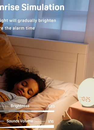 JALL Full-Screen Wake Up Light Sunrise Alarm Clocks for Bedrooms, White Noise Machine for Heavy Sleepers, 25 Natural Sounds, Dual Alarms, FM Radio, 17 Dimmable Colors, Bluetooth Speaker
