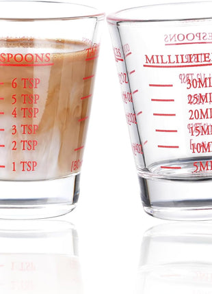 Measuring cup Espresso Shot Glass Liquid Heavy Glass Wine Glass 26 Incremental Measurement 1oz, 6 Tsp, 2 Tbs, 30ml (2 pack red)