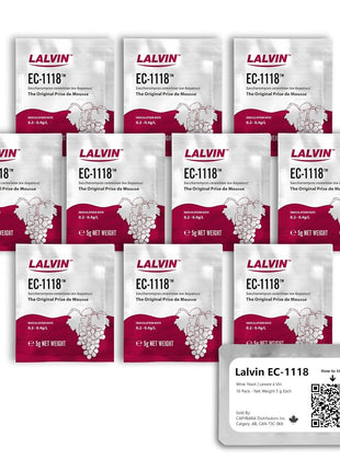 Lalvin EC-1118 Wine Yeast (10 Pack) - Champagne Yeast - Make Wine Cider Mead Kombucha At Home - 5 g Sachets - Saccharomyces cerevisiae - Sold by CAPYBARA Distributors Inc.