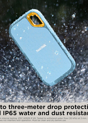 SANDISK 2TB Extreme Portable SSD - Up to 1050MB/s, USB-C, USB 3.2 Gen 2, IP65 Water and dust Resistance, Updated Firmware, Sky Blue - External Solid State Drive - SDSSDE61-2T00-G25B