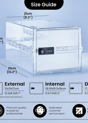 Lockabox OneTM | Premium Lock Box | Medium Combination Lock Box For Food, Medicine & Home Safety | External Size 12 x 8 x 6.6 inches (Crystal)