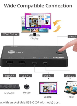 SIIG 2 Port USB-C KVM Switch - 2 Computers to 1 Monitor - 2X USB-A + 2X USB-C - Single 4K 60Hz HDMI, USB-C Bus Powered, Button Control, Thunderbolt 3 Compatible (CE-KV0B11-S1)