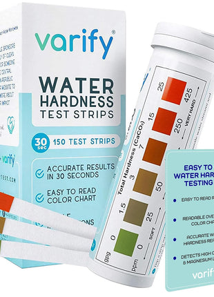 Varify Water Hardness Test Kit - Water Testing Kit for Home, Drinking, Well, Spa, Swimming Pool, Softener, Dishwasher & More - Hard Water Test Strips for Calcium, Magnesium etc (0-425 pmm, 150 Strips)