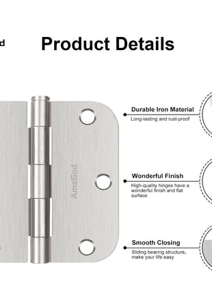 Door Hinges Brushed Nickel - 3 Pack Satin Nickel 3.5 Inch Rounded Interior Door Hinges with 5/8" Radius - Flat Iron Residential Standard 3 1/2 Inches Silver Door Hardware