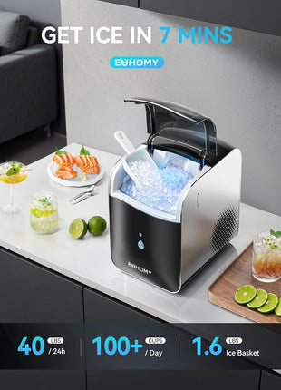 EUHOMY Smart Nugget Ice Maker Countertop, Pebble Ice Maker Machine with APP/Alexa Control, 40lbs/24H, Ready in 7 Mins, Self-Cleaning, Portable Sonic Ice Makers with Hanging Ice Scoop for Home/Office