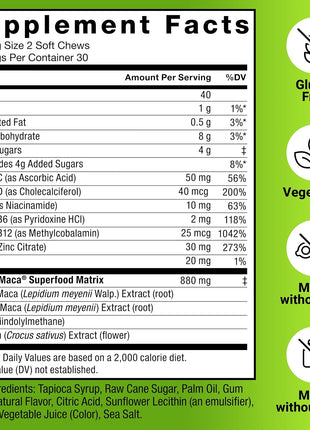 Force Factor Perfect Maca, Maca Root & DIM Supplement with Saffron | Boost Energy and Mood, with Yellow and Black Maca, Vitamins, Minerals, and Antioxidants, Dark Cherry Flavor, 60 Soft Chews