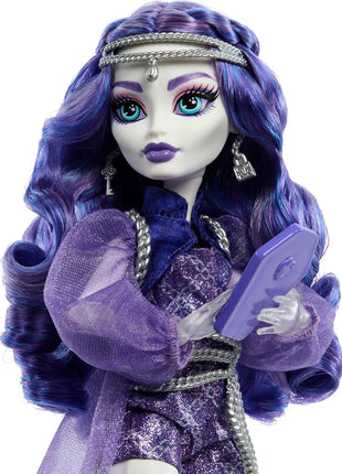 Monster High Spectra Vondergeist Doll | Ghost in Purple Clothes, Includes Pet Ferret Rhuen, 7 Accessories like Backpack, Tablet, Snacks and More (Amazon Exclusive)