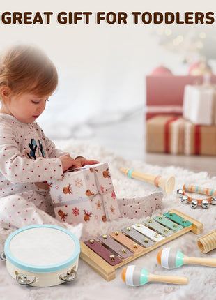 LeeQee Montessori Wooden Musical Instruments Set, Xylophone for Toddlers 2+ | Neutral Boho Colors, Nursery Decor Friendly, Sensory Percussion Toys for Preschool Boys and Girls, Early Learning Gift