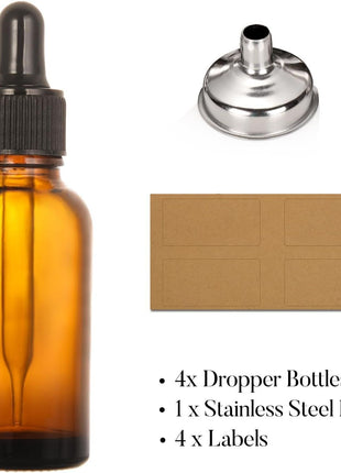 AOZITA 4 Pack, 2 oz Dropper Bottles with 1 Funnel & 4 Labels - Essential Oils Bottles for Health, Personal Care & Beauty - 60ml Thick Dark Amber Glass Tincture Bottles with Eye Droppers, Leakproof