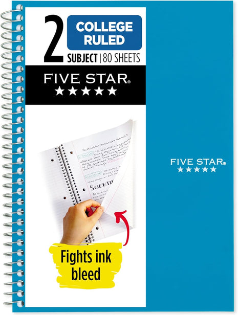 Five Star Spiral Notebook, 2 Subject, College Ruled Paper, 6 inch x 9-1/2 inch, 80 Sheets, Fights Ink Bleed, Water Resistant Cover, Tidewater Blue (840029CG1-ECM)