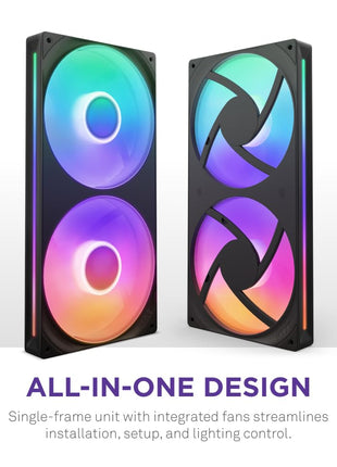 NZXT F280 RGB Core - 280mm Single-Frame RGB Fan Unit - Black | 280mm single-frame unit with two 140mm RGB fans on one cable. Speed and lighting controlled through CAM.