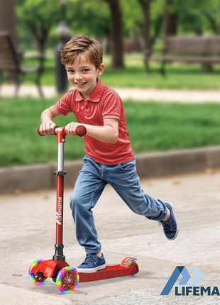 Lifemaster Mini 3-Wheel Kids Scooter with Multi-Color Wheel Lights – 4-Height Adjustable Handlebar, Wide Anti-Slip Deck, Child Safety Certified, Boys & Girls Ages 2+ Supports Up to 110 lbs